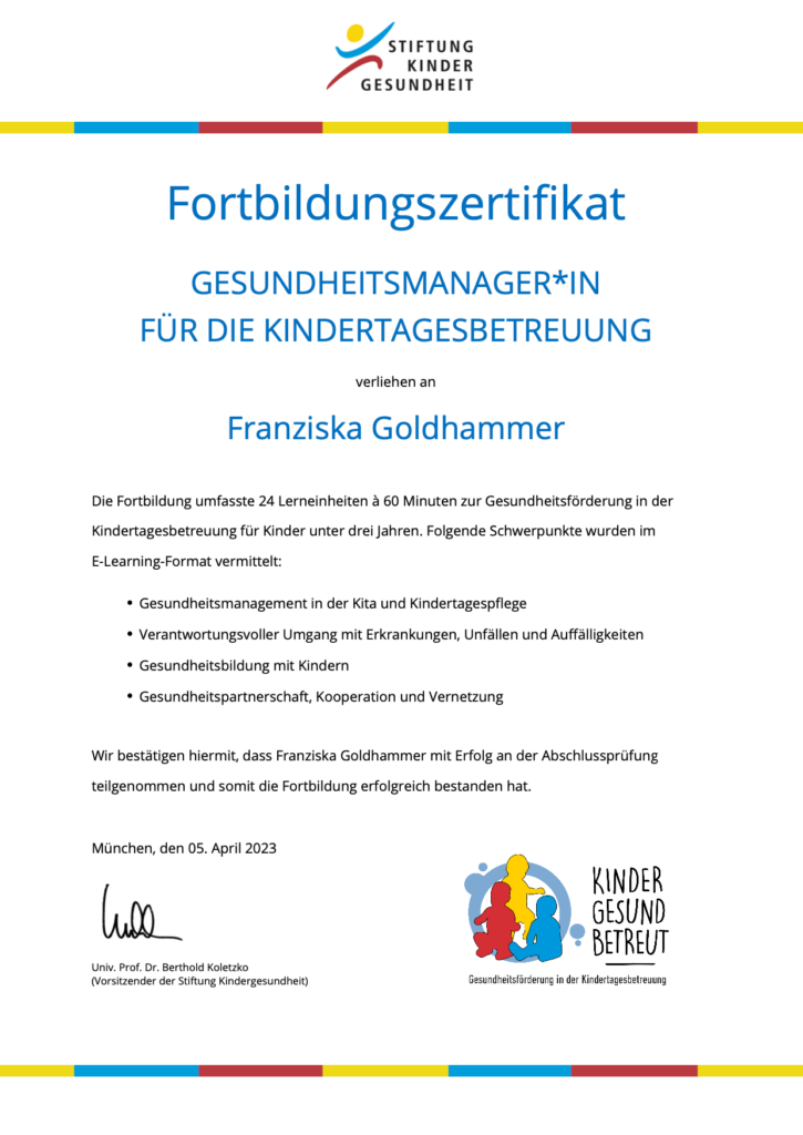 Fortbildungszertifikat Gesundheitsmanager für Kindertagesbertreuung